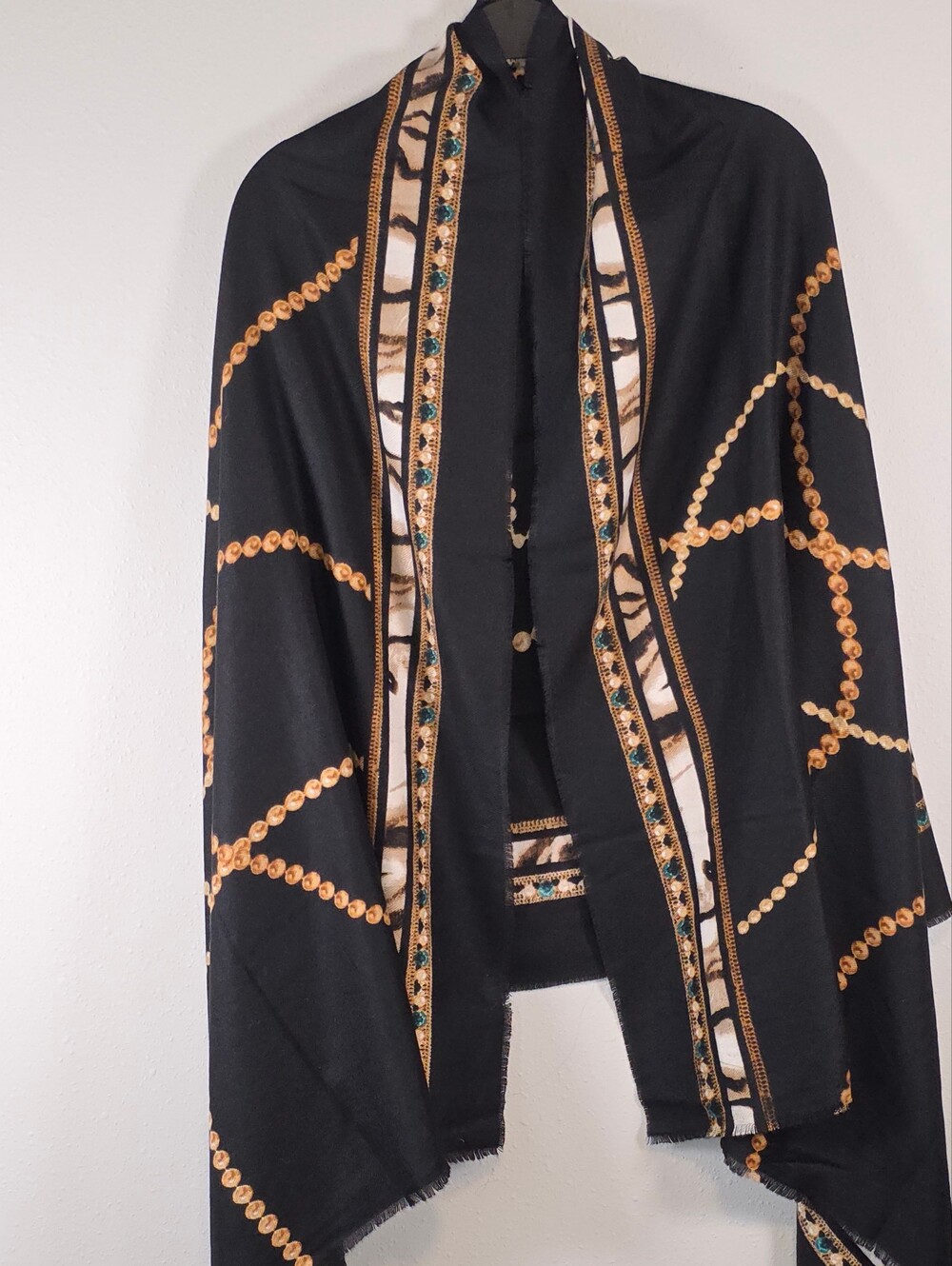 Chico's Black Shawl with Gold Chain Print and Teal Accents